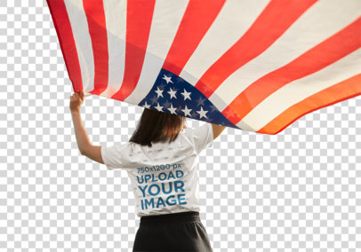 Transparent Back-View Tee Mockup of a Woman Holding an American Flag 