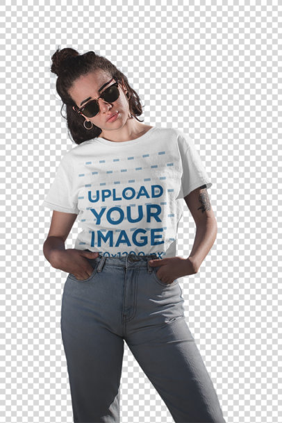Transparent Mockup of a Woman Wearing a T-Shirt and High-Waisted Jeans