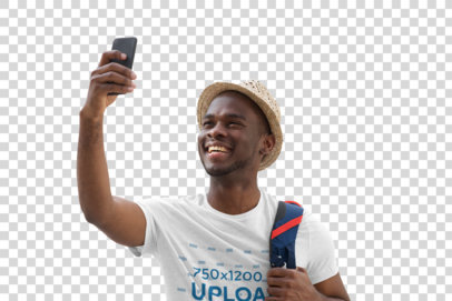 Transparent T-Shirt Mockup of a Man Taking a Selfie While Touring in the City