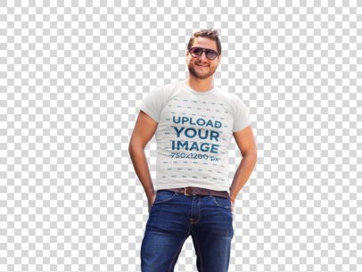 Transparent Young Happy Guy Wearing a Round Neck Tee Template While Outside a Closed Bar