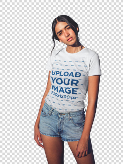Transparent Mockup of a Brunette Woman Wearing a T-Shirt Outdoors