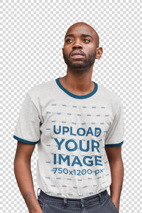 Transparent Ringer T-Shirt Mockup Featuring a Serious-Looking Young Man 