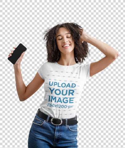 Transparent Mockup of a Woman with a Round Neck Tee Dancing at Home 