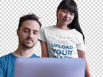 Transparent Mockup of a Girl Wearing a T-Shirt while with her Coworker a20402