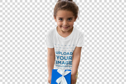 Transparent T-Shirt Mockup of a Little Girl Holding a Present on Father's Day 