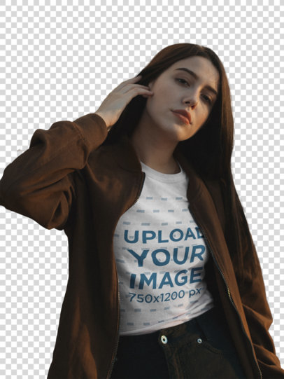 Transparent Mockup of a Young Woman Wearing a T-Shirt and a Vintage Bomber Jacket