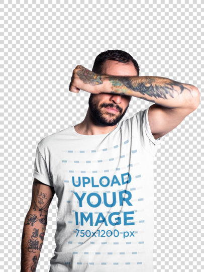 Transparent Tattooed Man Covering his Face While Wearing a T-Shirt Mockup