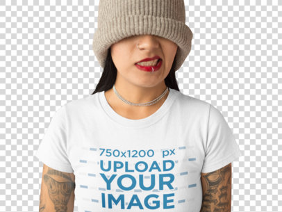 Transparent Mockup of a Tattooed Girl Hiding her Face While Wearing a Round Neck Tee a17177