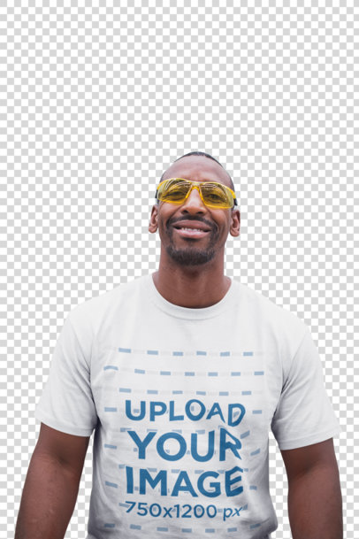 Transparent Smiling Warehouse Worker Wearing Safety Goggles and a T-Shirt Mockup