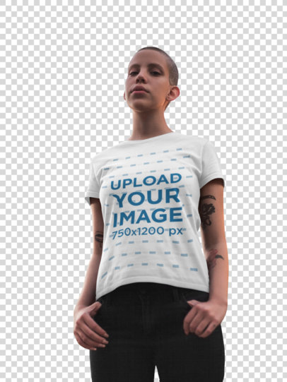 Transparent Tee Mockup of a Woman with a Buzz Cut Hairstyle