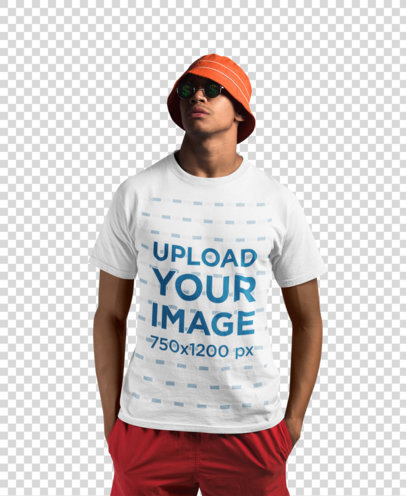 Transparent Mockup of a Man Wearing a Round Neck Tee and Beach Clothing