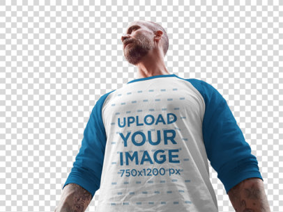 Transparent Raglan T-Shirt Mockup Featuring a Middle-Aged Man Out in the Street