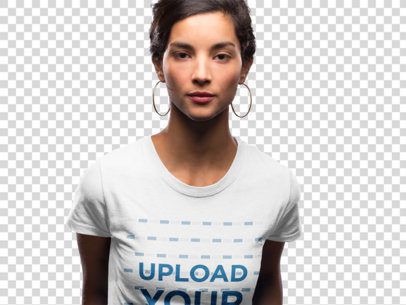 Transparent T-Shirt Mockup of a Young Woman With Earrings a18590