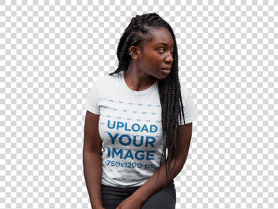 Transparent Mockup of a Woman with Locks Looking Away While Wearing a Tee Against a Cathedral Window