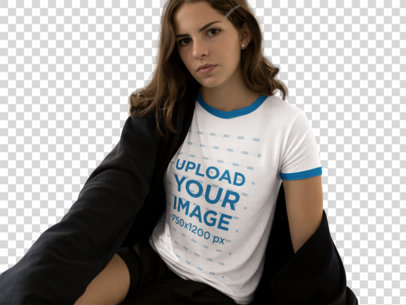 Transparent Beautiful Woman Wearing a Ringer Tee Mockup While Looking at the Camera
