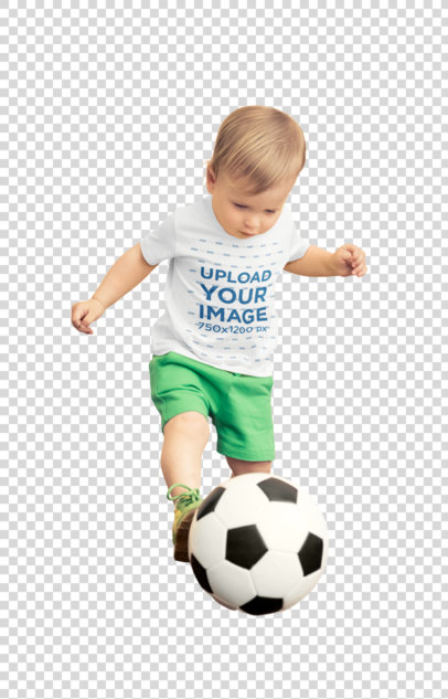 Transparent Mockup of a Little Boy Wearing a T-Shirt and Playing With a Soccer Ball 
