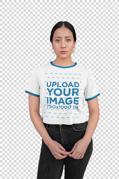 transparent mockup of a woman wearing a rnger t-shirt and high-waisted jeans 27172