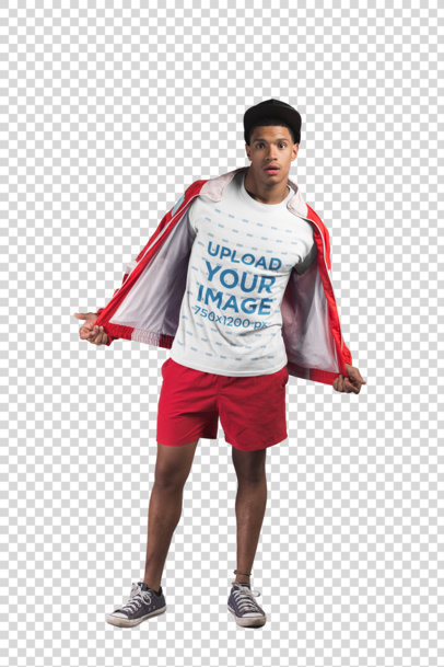 transparent t-shirt mockup of a young man showing his swag 21076