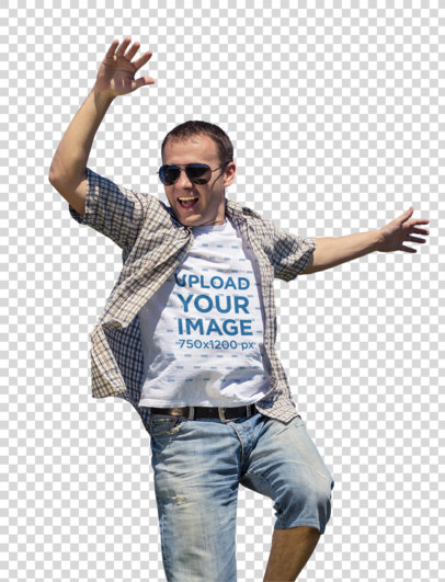 Transparent T-Shirt Mockup Featuring a Man Jumping Happily Outdoors