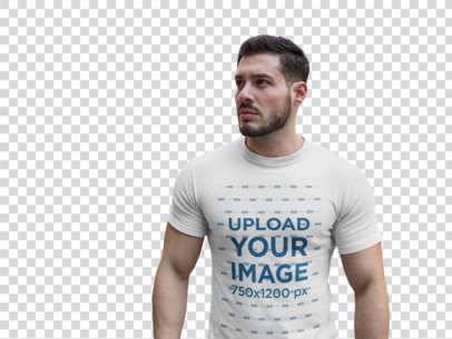 Transparent Handsome Buff Man Wearing a Round Neck T-Shirt Mockup While Walking on the Boulevard