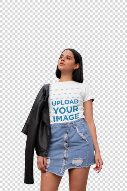 Transparent Tee Mockup of a Short-Haired Woman in Front of a House Facade