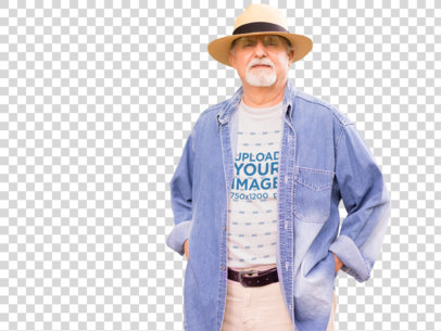 Transparent Round Neck Tee Mockup of a Senior Man Gardening