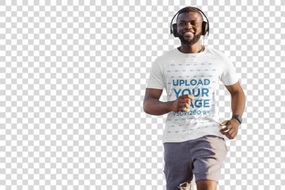 Transparent T-Shirt Mockup of a Bearded Man Running with Headphones 