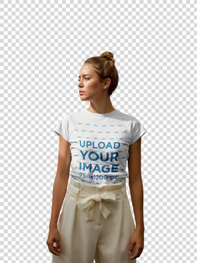 Transparent T-Shirt Mockup Featuring a Sun-Kissed Woman with a Messy Bun
