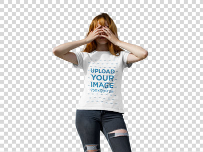 Transparent Woman Wearing a Halloween Tshirt Mockup While Covering her Face Against a White Wall