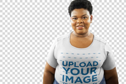 Transparent Plus Size T-Shirt Mockup of a Woman In Front of a Blurred Subway Setting