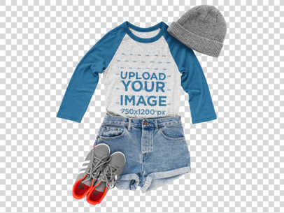 Transparent Raglan Tshirt Mockup Lying Next to Skater Clothes on a White Surface a17960
