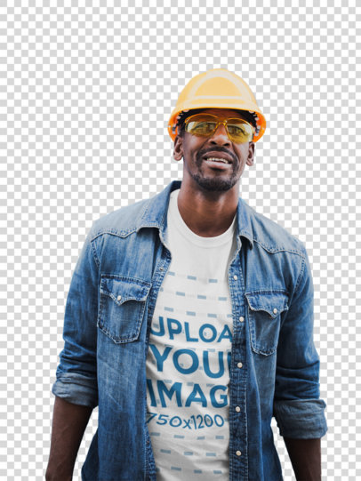 Transparent Mockup Featuring a Smiling Industrial Worker Wearing a T-Shirt