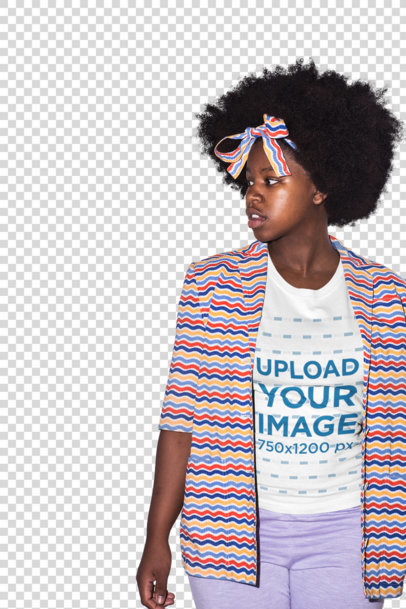 Transparent T-Shirt Mockup of a Young Woman with Afro Hair Wearing a Colorful Outfit Against a Square Yellow Paper
