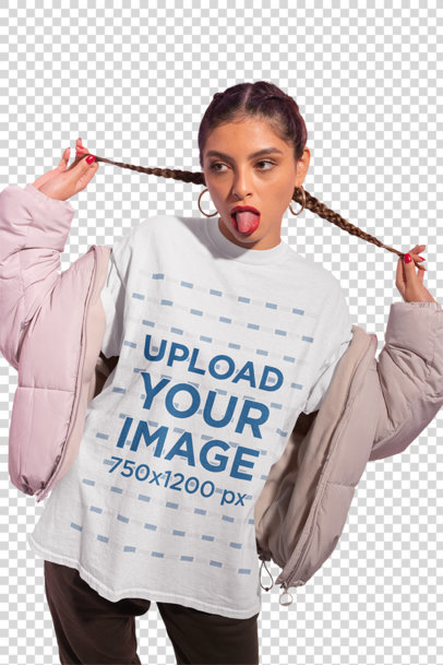 Transparent Oversized T-Shirt Mockup of a Woman in an Urban Outfit