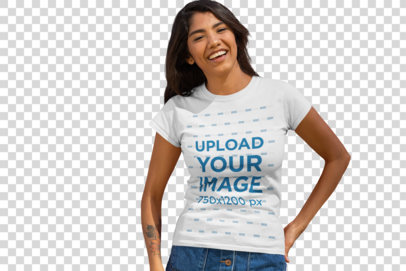Transparent Mockup of a Happy Woman Wearing a Customizable T-Shirt in Front of an American Flag
