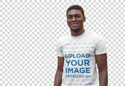 Transparent Mockup of a Smiling Man Wearing a T-Shirt Next to a Staircase 