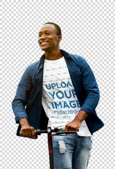Transparent T-Shirt Mockup of a Smiling Man Riding a Scooter in the City 