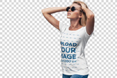 Transparent T-Shirt Mockup Featuring a Woman Walking by a Fountain 