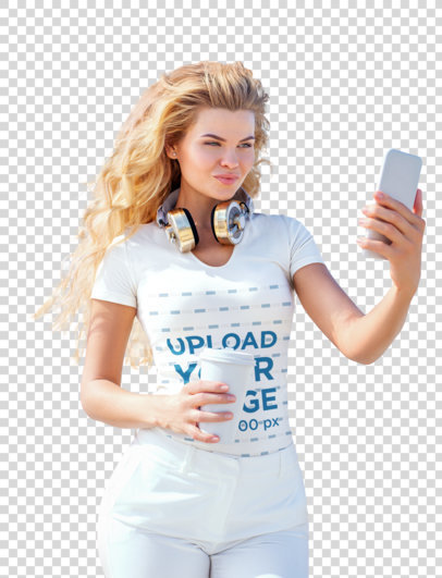 Transparent V-Neck Tee Mockup of a Blonde Woman Taking a Selfie on a Street