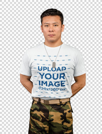 Transparent T-Shirt Mockup of a Serious Man with Military Clothing