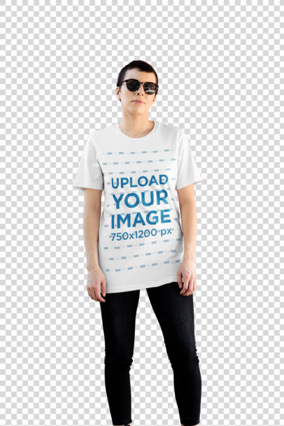 Transparent T-Shirt Mockup of an Androgynous-Looking Woman Posing