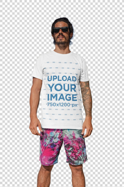 Transparent T-Shirt Mockup of a Man with Surfer Shorts and Dark Sunglasses