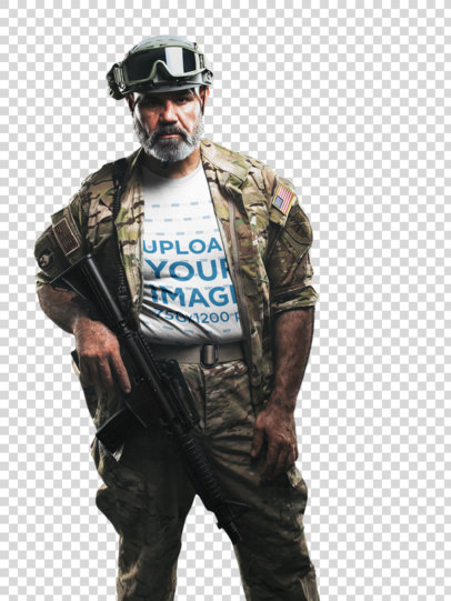 Transparent Portrait T-Shirt Mockup of a Military Man in Uniform