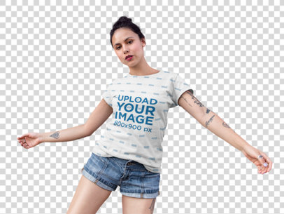 Transparent Sublimated T-Shirt Template Featuring a Hispanic Woman with Tattoos