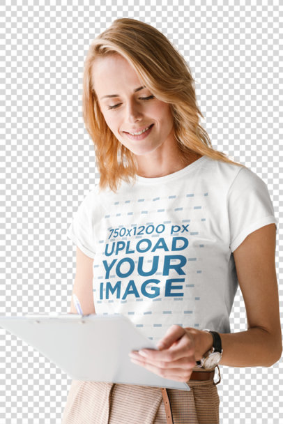Transparent Mockup Featuring a Woman with a Round-Neck T-Shirt Taking Notes