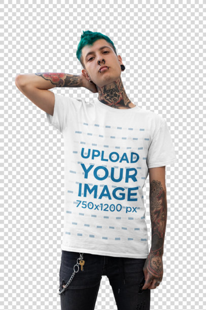 Transparent T-Shirt Mockup of a Punk Man with Blue Hair and Tattoos Posing by a Stairway