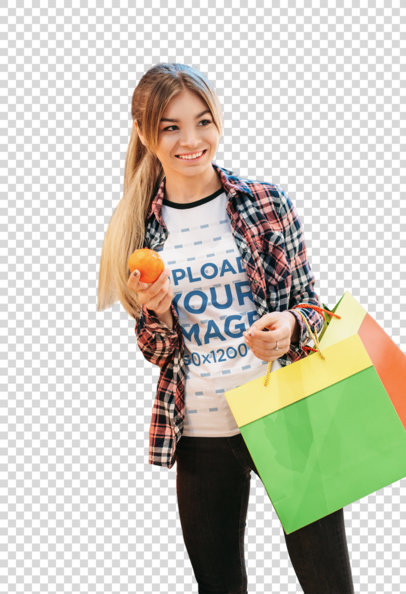 Transparent Ringer Tee Mockup of a Woman Holding an Orange 42892-r-el2