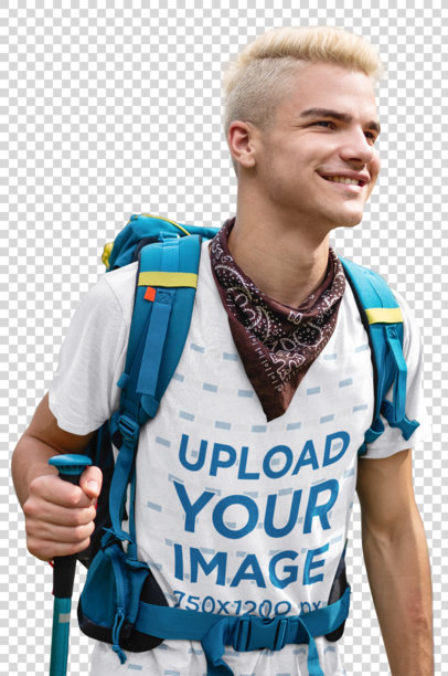 Transparent Mockup of a Young Hiker Wearing a T-Shirt 
