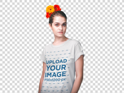 Transparent Woman with Flowers on her Head Wearing a T-Shirt Mockup Against a White Wall