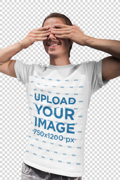 Transparent T-Shirt Mockup Featuring a Man Covering His Eyes in a Playful Manner 20149